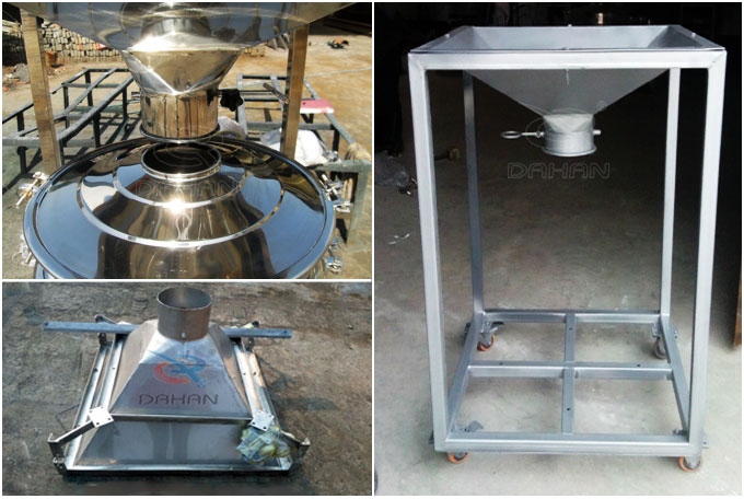 圓形振動篩料倉與進料口連接處，料倉展示結(jié)構(gòu)圖